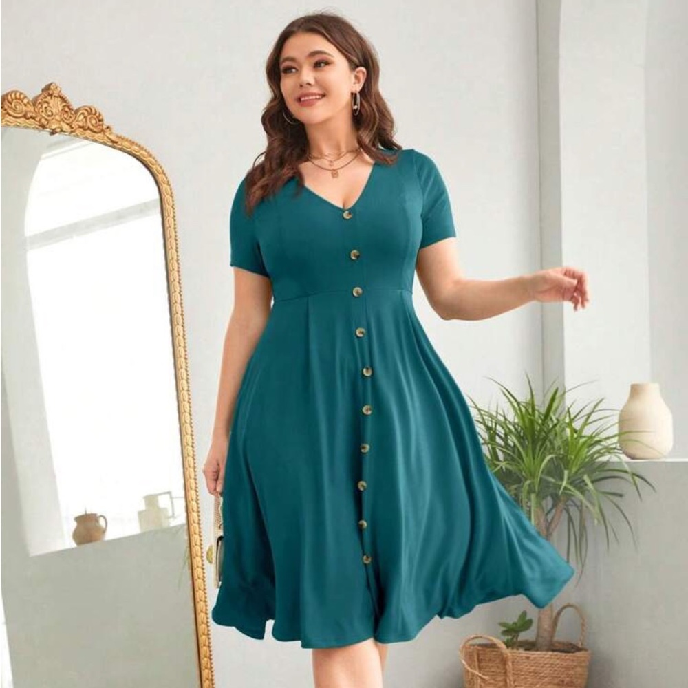 SHEIN Teal Midi Dress with Button Detail